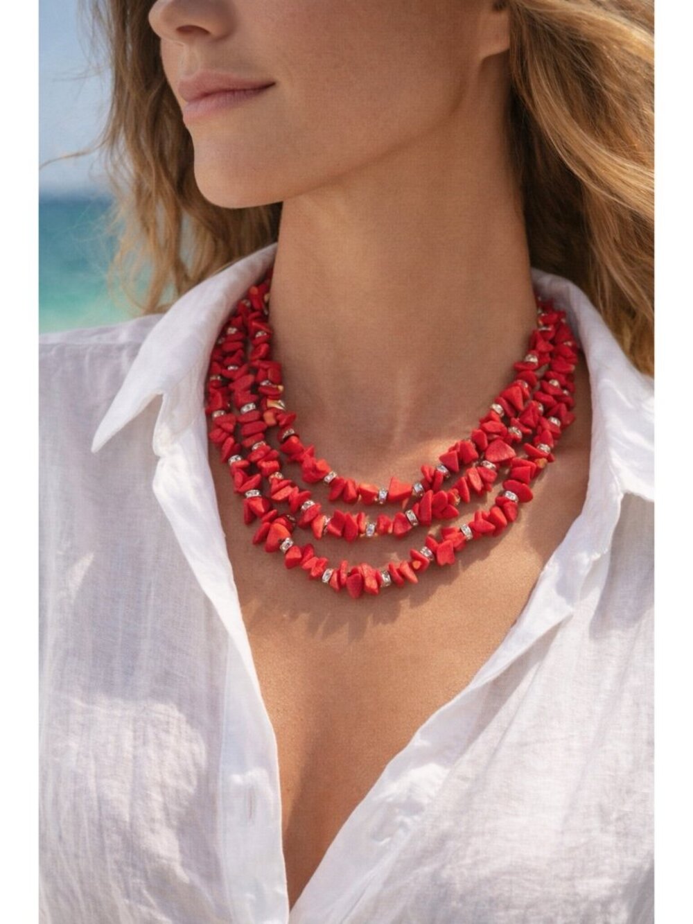 Vintage Dyed Coral Multi Strand Necklace Statement Rhinestone Sterling Clasp